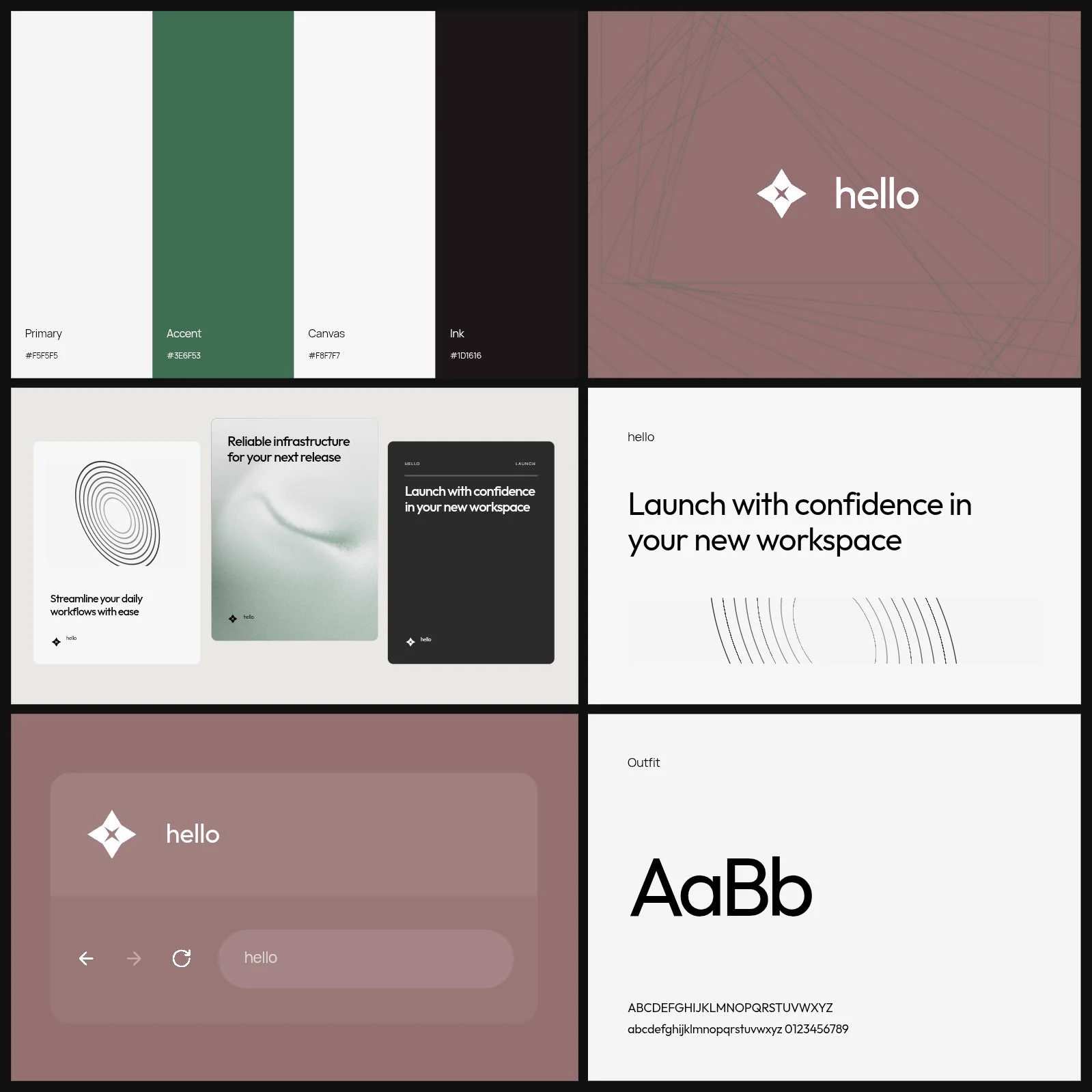 Actual Glyph output showing a logo, colour palette, typography and applications across a brand system.