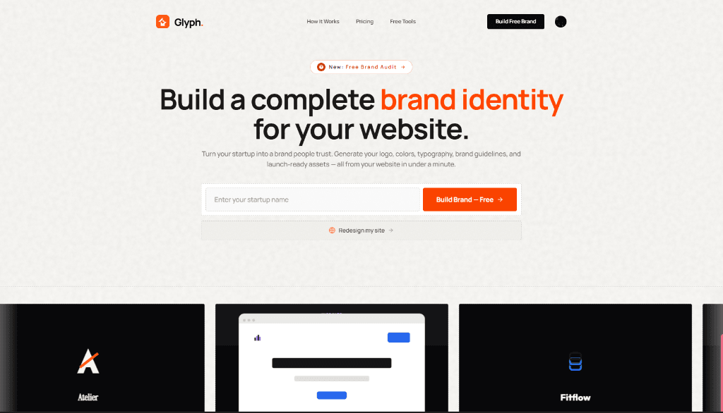 An earlier Glyph interface: a product idea input, the brand generation entry point, and identity previews.
