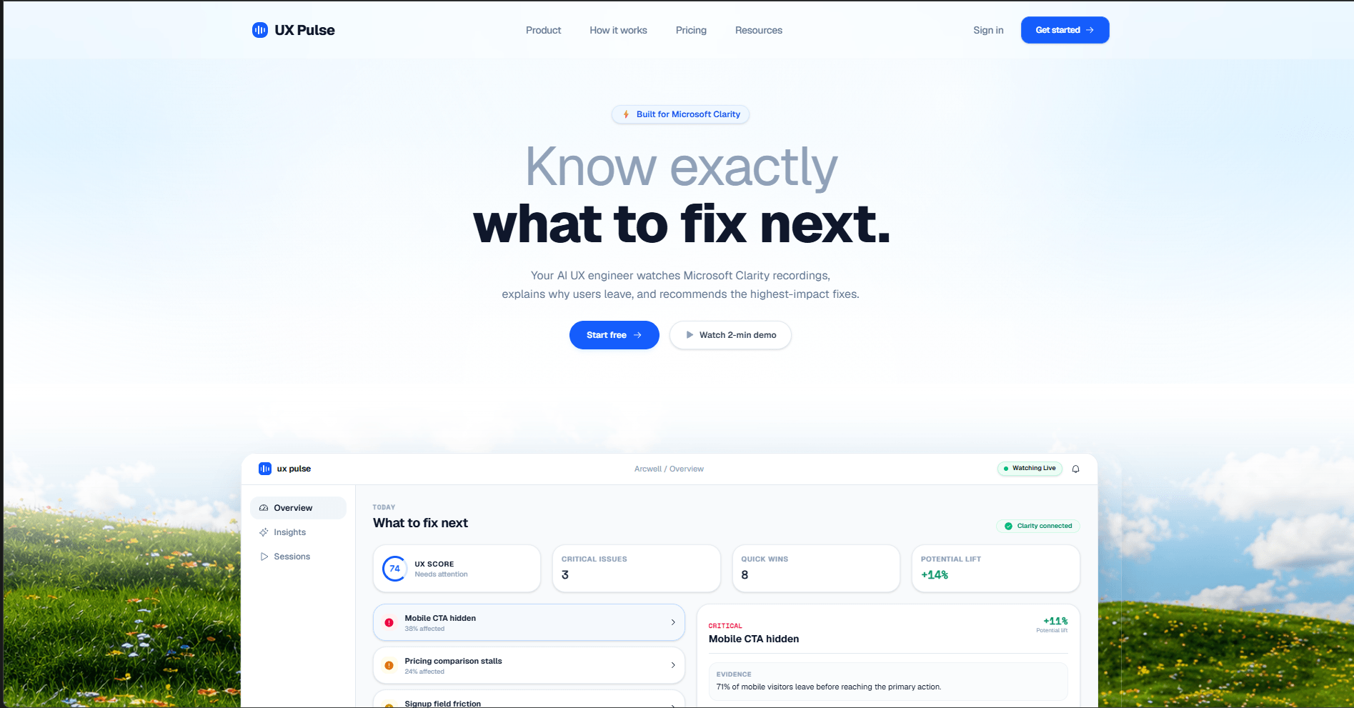 UX Pulse landing page and dashboard preview from the existing project screenshot.