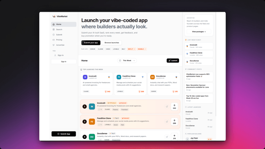Vibe Market launch-board interface from the existing project presentation.